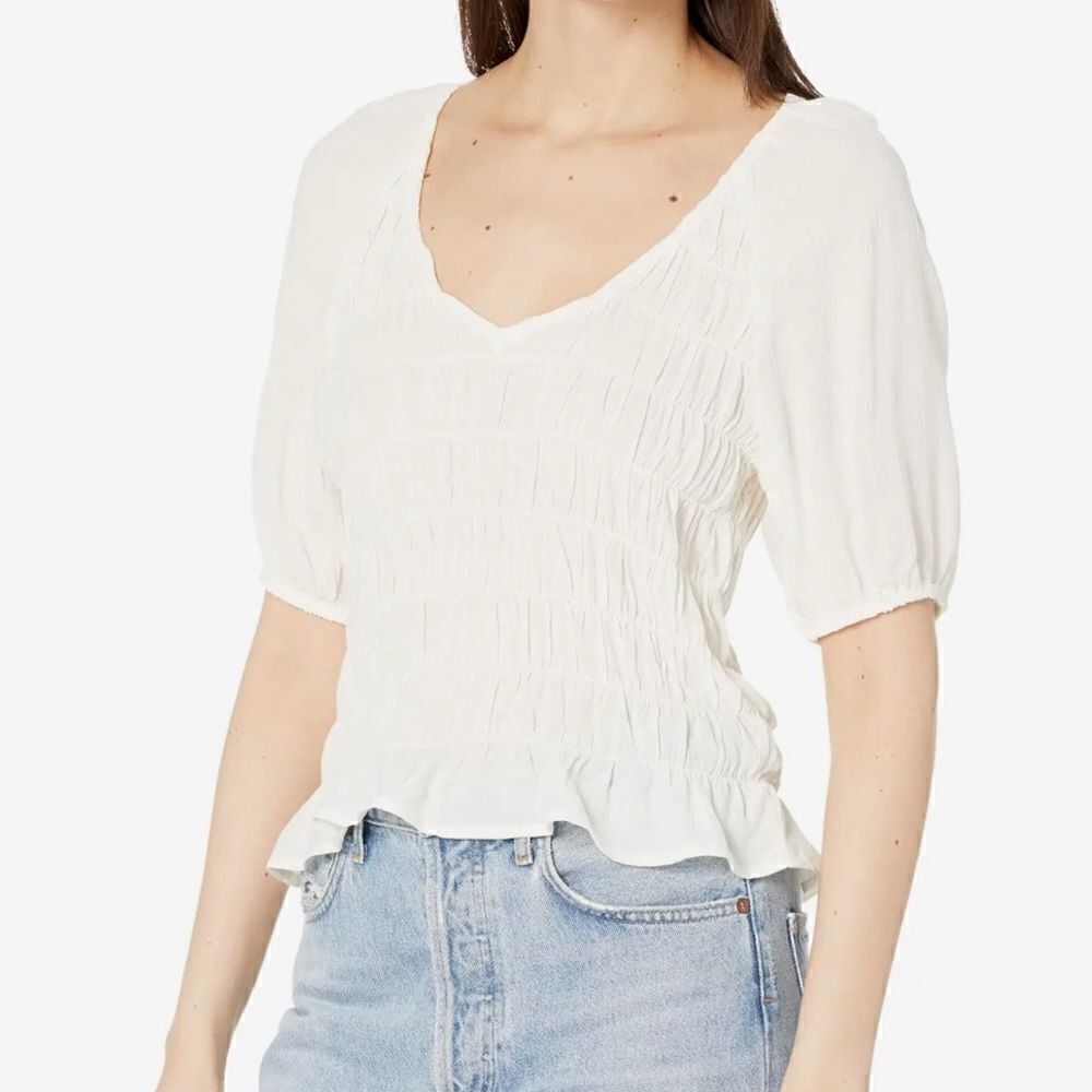 SANCTUARY Smocked V Neck Top White Size Small
